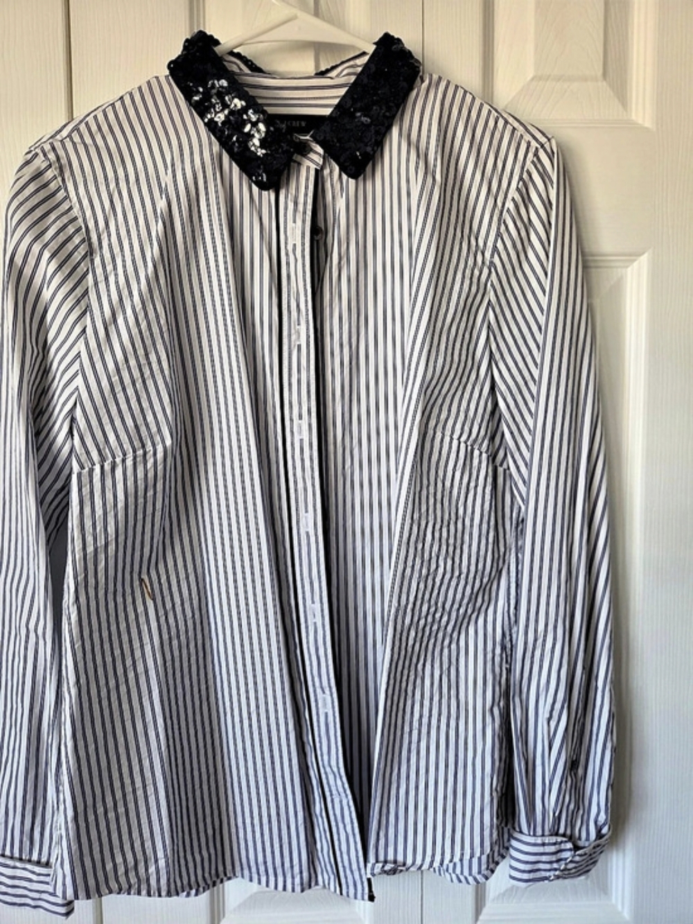 J.Crew Perfect Shirt with Sequin Collar White & Blue Size 12